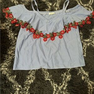 Love J Blue Striped Off-Shoulder Top with Red Floral Embroidery